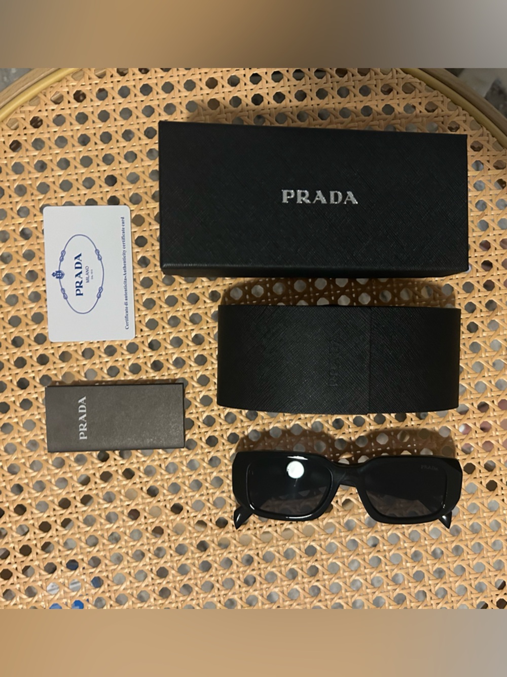 Prada Black Rectangular Sunglasses with Black Saffiano Case